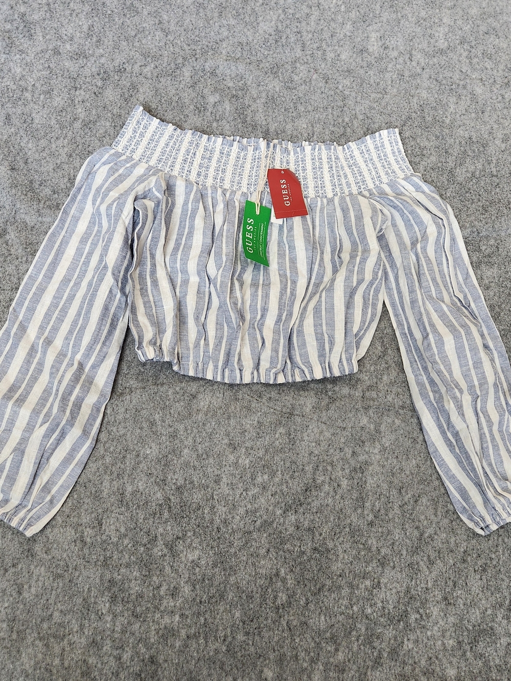 NWT Guess Ilar Linen Off Shoulders Crop Top Women's S Blue Smocked Striped Y2K
